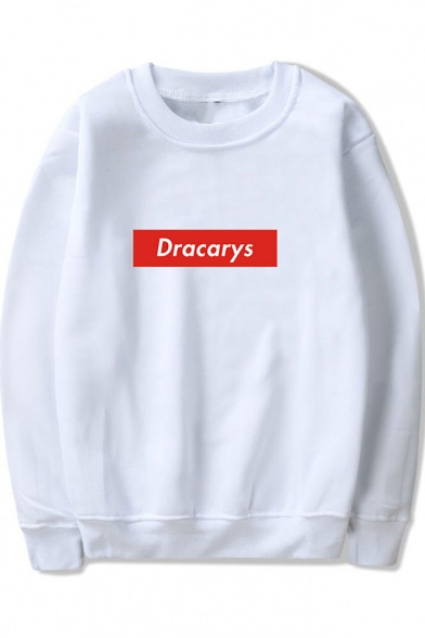 Popular Letter DRACARYS Print Basic Long Sleeve Round Neck Pullover Sweatshirt