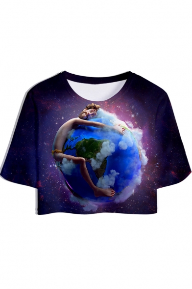 Purple Galaxy Earth Print Round Neck Short Sleeve Cropped Tee for Women