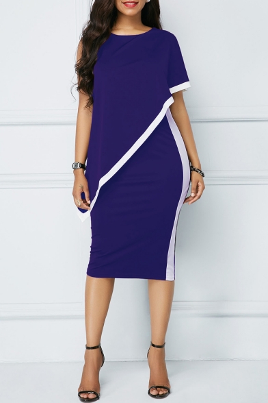 Sexy Hot Style Round Neck Short Sleeve Hollow Out Plain Print Stripes Side Slim Fit Midi Pencil Party Dress