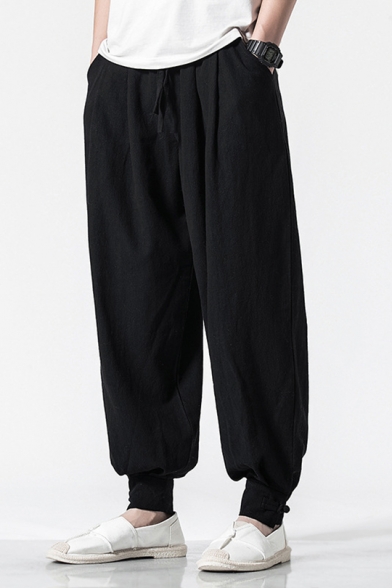 Spring and Summer Chinese Style Men's Baggy Carrot Fit Trousers Blommers with Drawstring