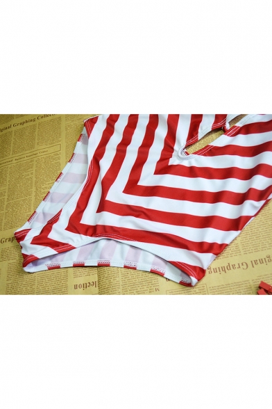 Stylish Striped Printed Plunged Neck Low Back Cut Out Front Red One Piece Swimsuit for Women