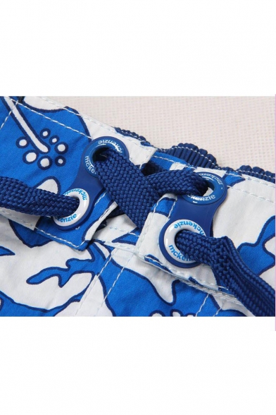 Summer Blue Tropical Plants Printed Fashion Flap Pocket Side Loose Cotton Swim Trunks
