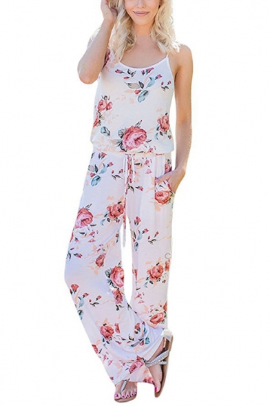 Summer Chic Floral Printed Spaghetti Straps Drawstring Waist Casual Relaxed Jumpsuits