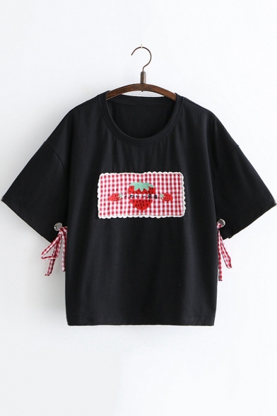 Summer Cute Strawberry Embroidery Bow-Tied Side Loose Relaxed T-Shirt for Girls