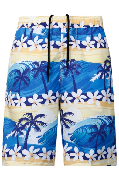 Summer Fashion Blue Tropical Coconut Palm Print Quick Dry Loose Fit Swim Trunks for Guys