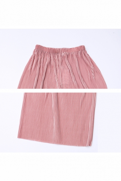 Summer Fashion Candy Color Plain Elastic Waist Floor Length Culottes Pleated Wide-Leg Pants for Women