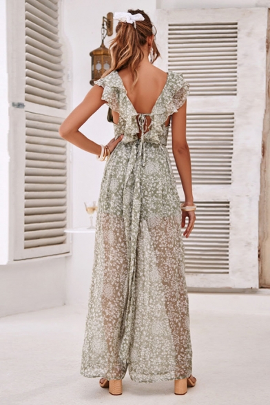 Summer Holiday Chic Floral Printed Ruffled V-Neck Casual Wide-Leg Jumpsuits