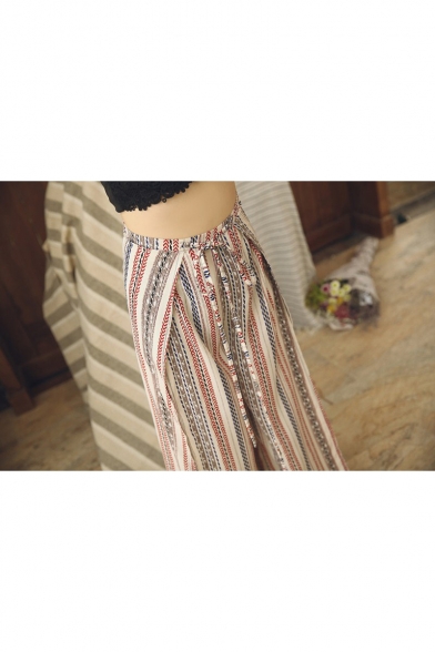 Summer Holiday Tribal Striped Printed Tied Waist Split Side Beach Culottes Palazzo Wide Leg Pants for Women