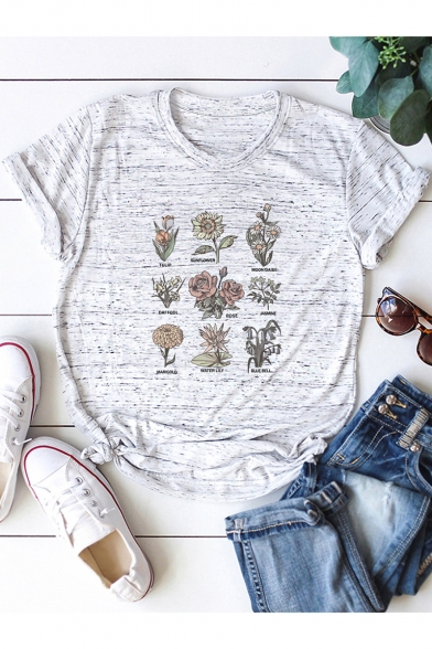 Summer Hot Fashion Floral Printed Basic Round Neck Short Sleeve Relaxed Graphic Tee
