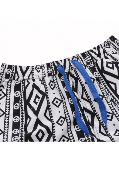 Summer Men's Trendy Geometric Printed Drawstring Waist White Beach Swim Shorts