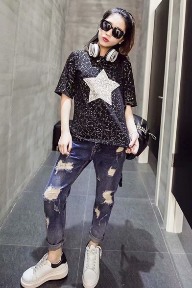 Summer Simple Star Pattern Round Neck Short Sleeves Casual Black Tee For Girls