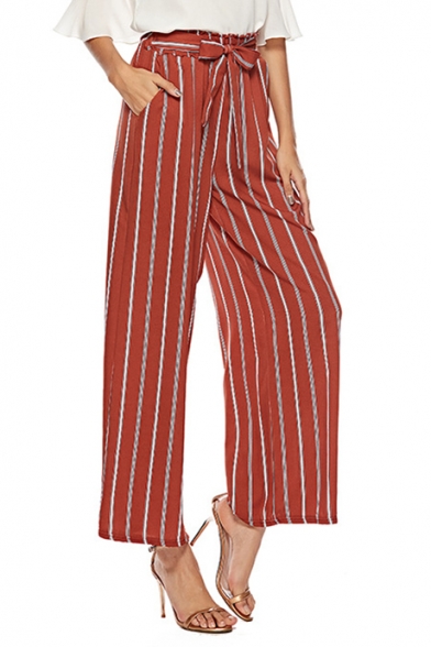 Summer Trendy Red Vertical Stripe Printed Tied Front High Rise Wide-Leg Pants for Women