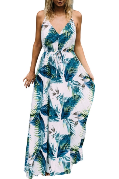 Summer Trendy Tropical Leaf Printed V-Neck Tied Waist Maxi Bohemian Beach Dress Slip Dress