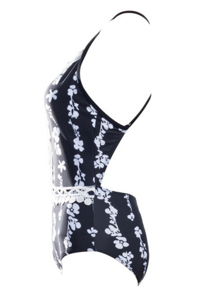Trendy Chic Lace Trim Plunged Neck Black Floral Print Womens One Piece Swimsuit