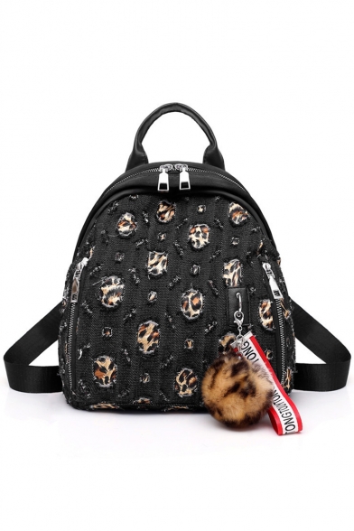 Trendy Leopard Patched Ripped Detail Multiple Zippers Casual Backpack 25*19*25 CM
