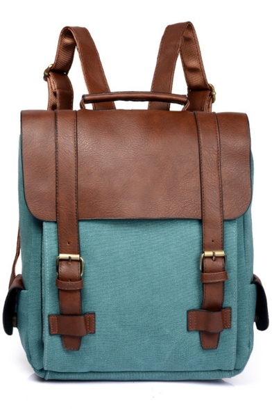 Trendy Retro Color Block Canvas Satchel Backpack School Bag