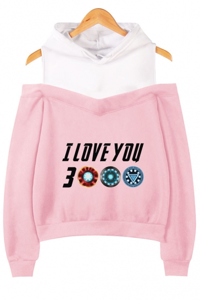 Unique Funny Letter I Love You 3000 Fake Two-Piece Cold Shoulder Long Sleeve Pullover Hoodie