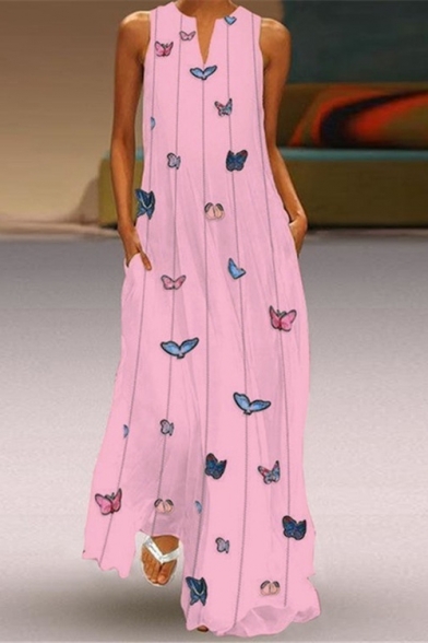 Women's Fashion Butterflies Pattern V-Neck Sleeveless Loose Maxi Dress
