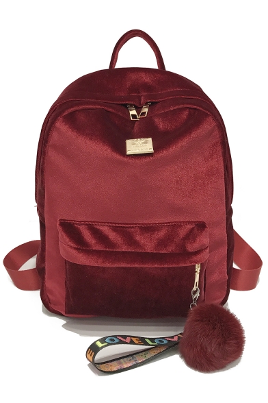Women's Fashion Plain Letter Ribbon Embellishment Velvet School Bag Backpack 32*9*32 CM