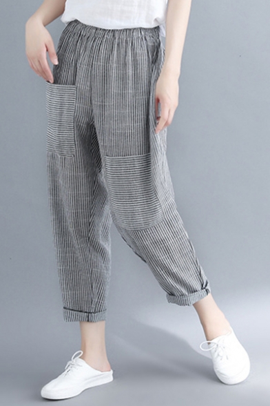 Women's Fashion Stripe Print Elastic Waist Rolled Cuff Casual Grey Carrot Pants