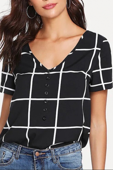 Women 's Hot Fashion V-Neck Short Sleeve Button Detail Plaid T-Shirt