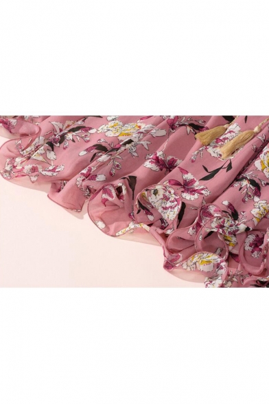Women's New Trendy Floral Printed V-Neck Ruffle Long Sleeves Bow-Tide Waist Midi A-Line Chiffon Dress