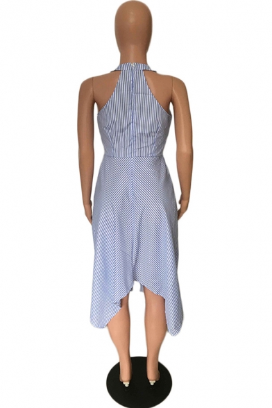 Women's New Trendy Striped Printed Halter Sleeveless Midi Asymmetric Hem Shirt Navy Dress