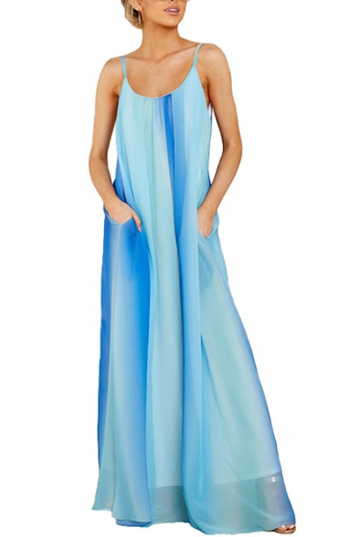 Women's Sexy Light Blue Ombre Color Scoop Neck Sleeveless Maxi Chiffon Slip Beach Dress