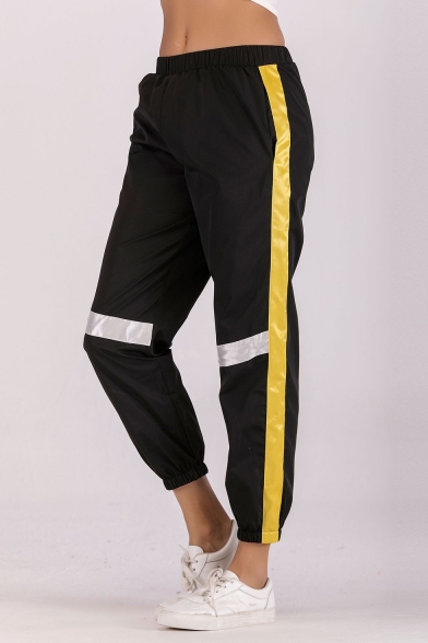 Women's Stylish Tape Patched Elastic Waist Gathered Cuff Black Sport Track Pants