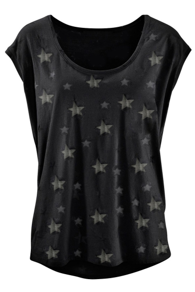 Women's Summer Fashion Allover Star Printed Round Neck Casual Loose Tee