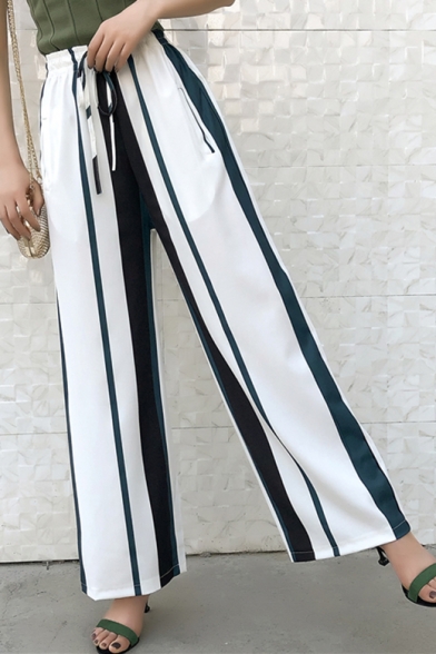 Women's Summer Tied Waist Fashion Vertical Stripe Print Chiffon Trousers Wide-Leg Pants