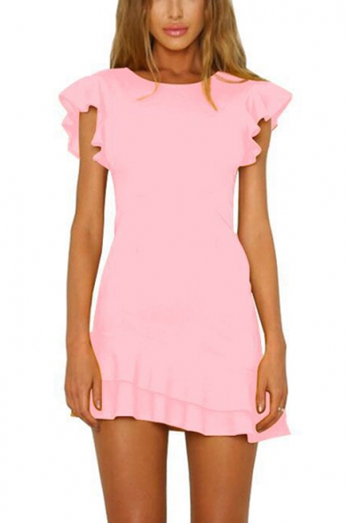 Women's Summer Trendy Plain Printed Round Neck Ruffle Short Sleeve Mini A-Line Casual Dress