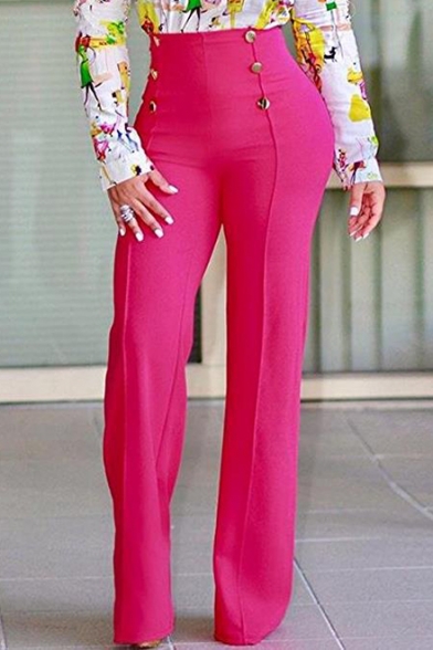 Women's Trendy Double Button Fly Front High Rise Solid Color Straight Flare Pants