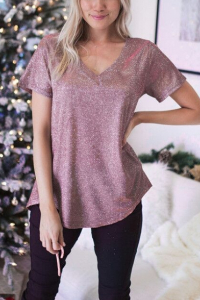 Women's Unique Glitter Silk V-Neck Short Sleeve Nightclub T-Shirt