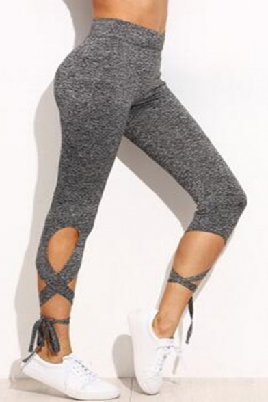 Womens Heather Grey Fashion Tied Cuff Cropped Fitness Leggings