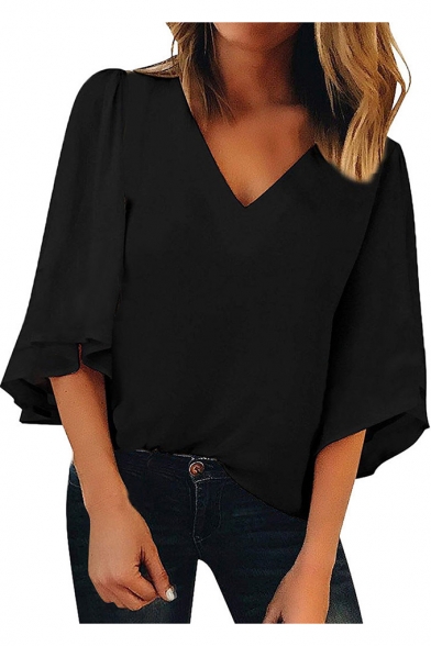 Womens Hot Fashion Solid Color V-Neck Three-Quarter Sleeve Loose Fit T-Shirt