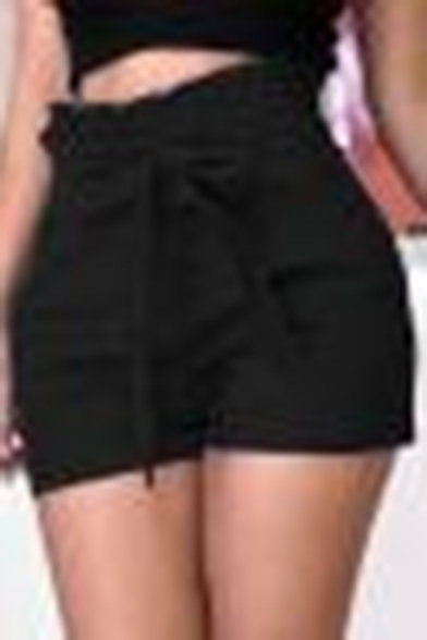 Womens Hot Popular Simple Plain Bow-Tied Waist High Rise Casual Paperbag Shorts