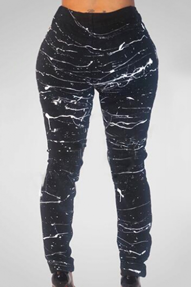 Womens New Stylish Unique Oil Painting Ripped Hole Super Skinny Fit Jeans