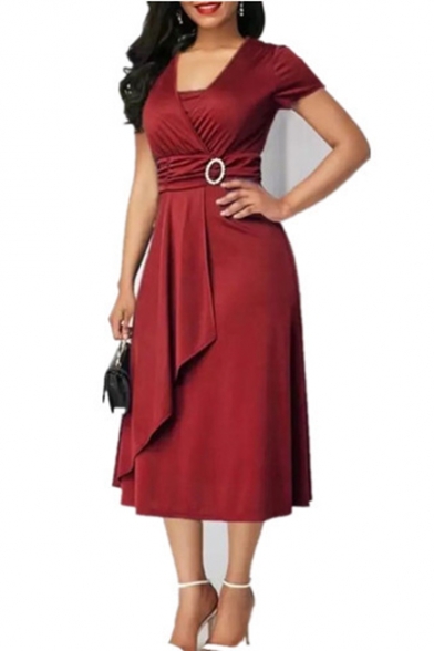 Womens Plus Size Summer Solid Color V-Neck Short Sleeve Midi A-Line Dress