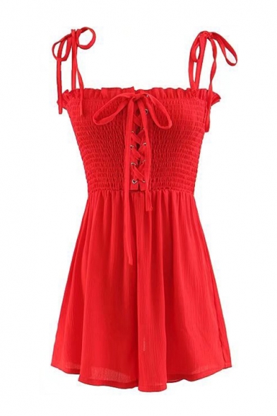 Womens Summer Basic Simple Plain Bow-Tied Straps Lace-Up Front Casual Romper