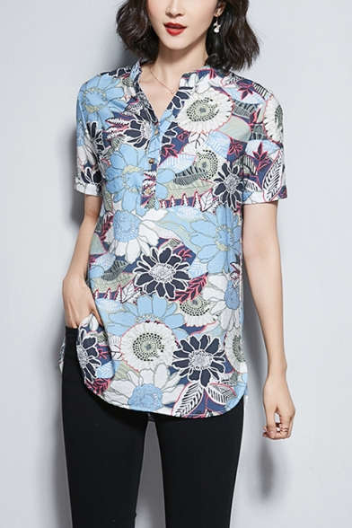Blouse Shirts for Women Plus Size Hosamtel Floral Print V-Neck Button Pocket Short Sleeve Summer Vintage Elegant Casual Tops