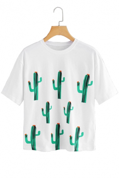Cactus Printed White Round Neck Short Sleeve Basic T-Shirt