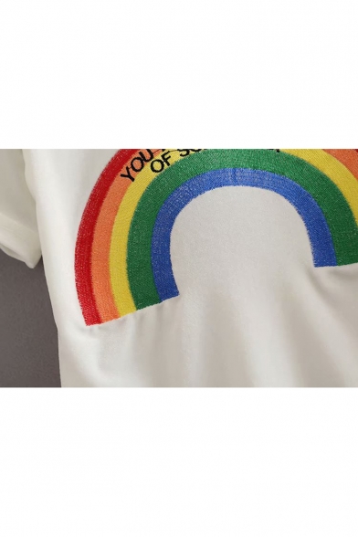 Cartoon Sun Vintage Letter Rainbow Embroidery Round Neck White Cropped Tee