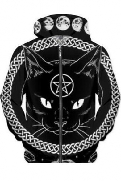 Cat Moon Pentagram Pattern Zip Up Long Sleeve Hoodie in Black