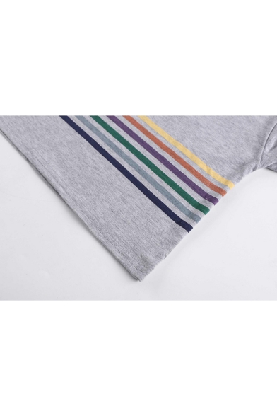 Contrast Round Neck Colorful Striped Printed Short Sleeve Cropped Tee