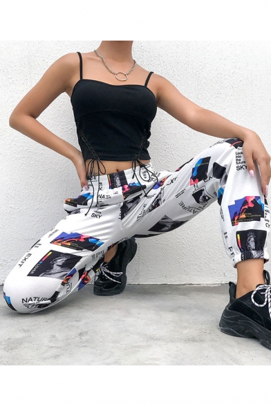 Cool Illustration Printed Womens Street Style White Track Pants