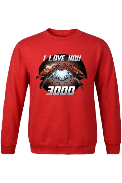 Cool Unique Iron Hand Heart I LOVE YOU 3000 Printed Round Neck Long Sleeve Pullover Sweatshirt
