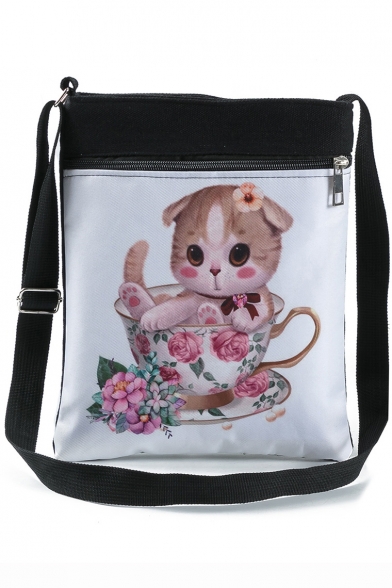 Cute Cartoon Cat Floral Painted White Canvas Shoulder Messenger Bag 22.5*27 CM