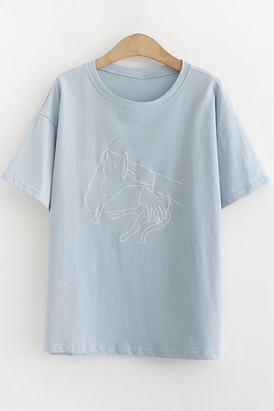 Cute Cartoon Cat Printed Short Sleeve Girls Basic T-Shirt