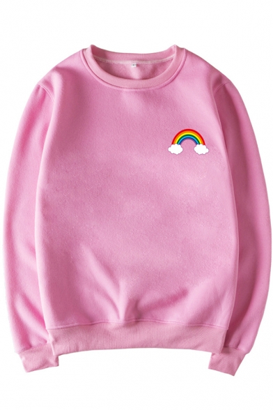 Cute Cloud Rainbow Printed Round Neck Long Sleeve Pullover Sweatshirt
